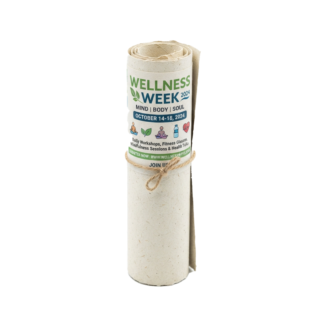 Rolled banner promoting Wellness Week 2024 with dates and wellness icons