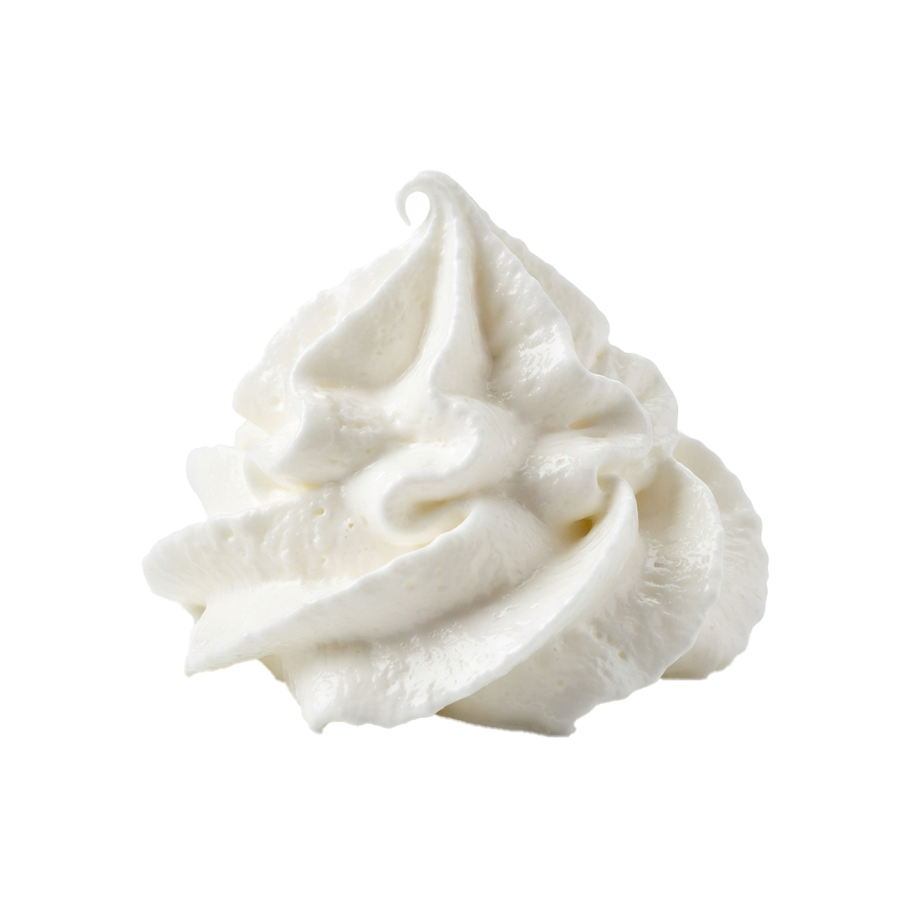 A close-up image of fluffy white whipped cream with a smooth and airy texture