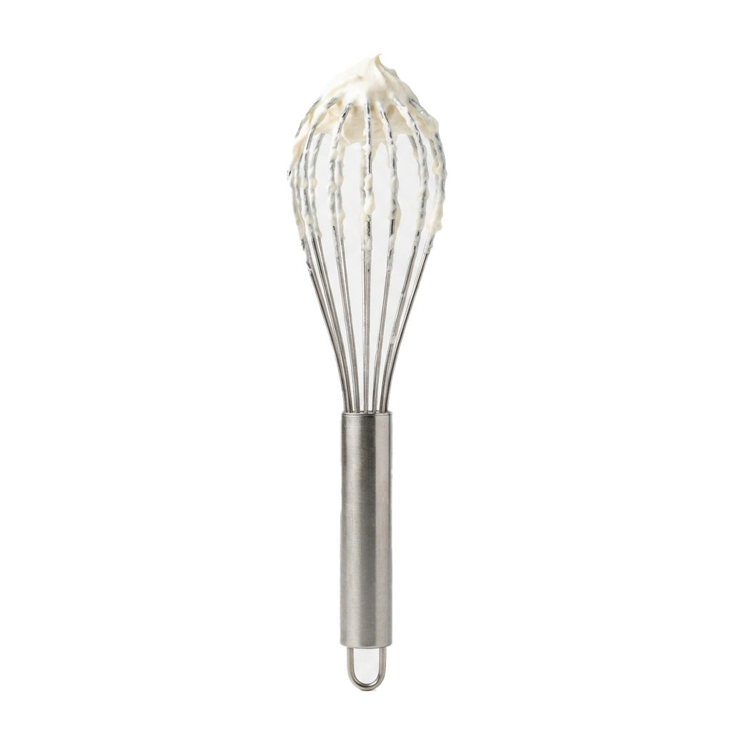 A stainless steel balloon whisk with a long handle and wire loops for whipping and mixing