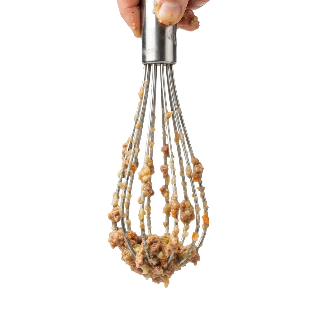 A metal whisk with small crumbs and bits of food clinging to its wires and handle.