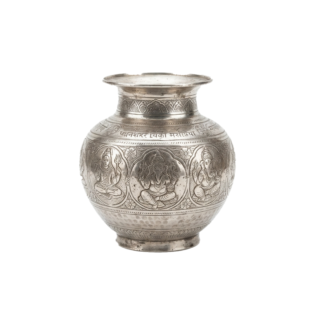 Decorative silver vessel with intricate carvings of Hindu deities and floral patterns