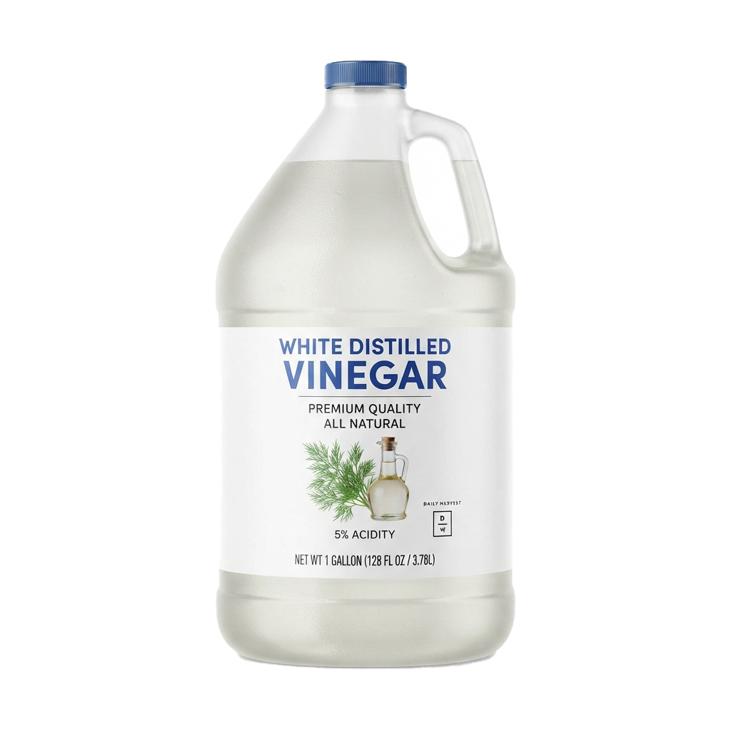 A one-gallon jug of white distilled vinegar with a blue cap and handle, labeled as premium quality and all natural