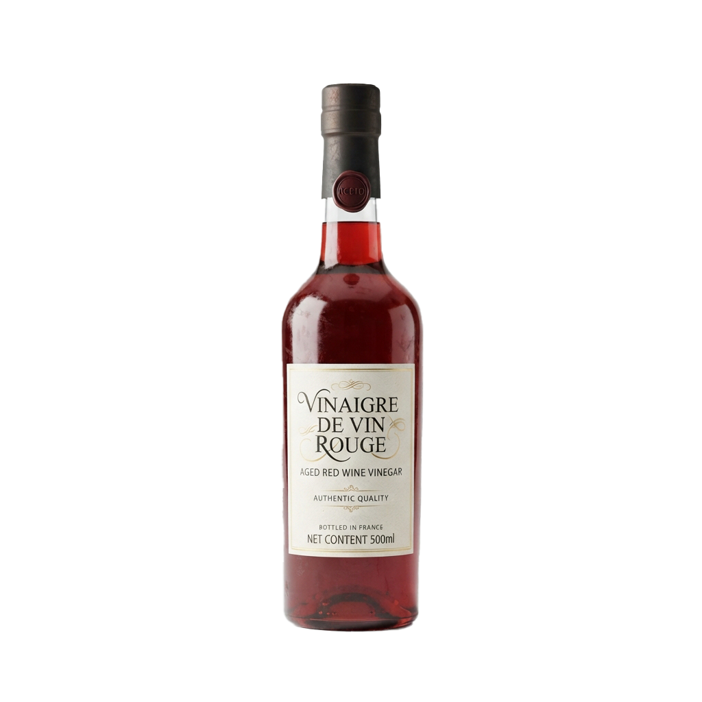 Bottle of aged red wine vinegar with a black cap and label detailing product information