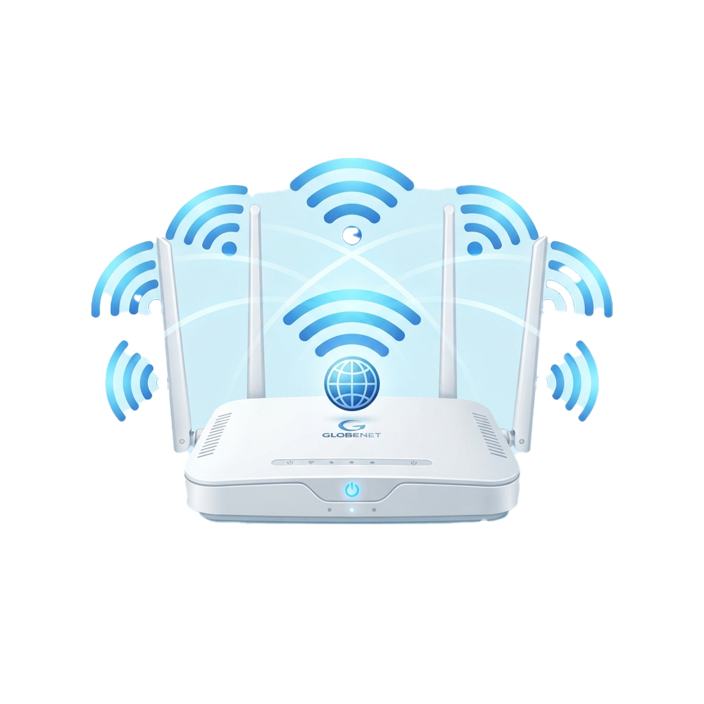White WiFi router with four antennas and a glowing blue power indicator, emitting wireless signal icons.