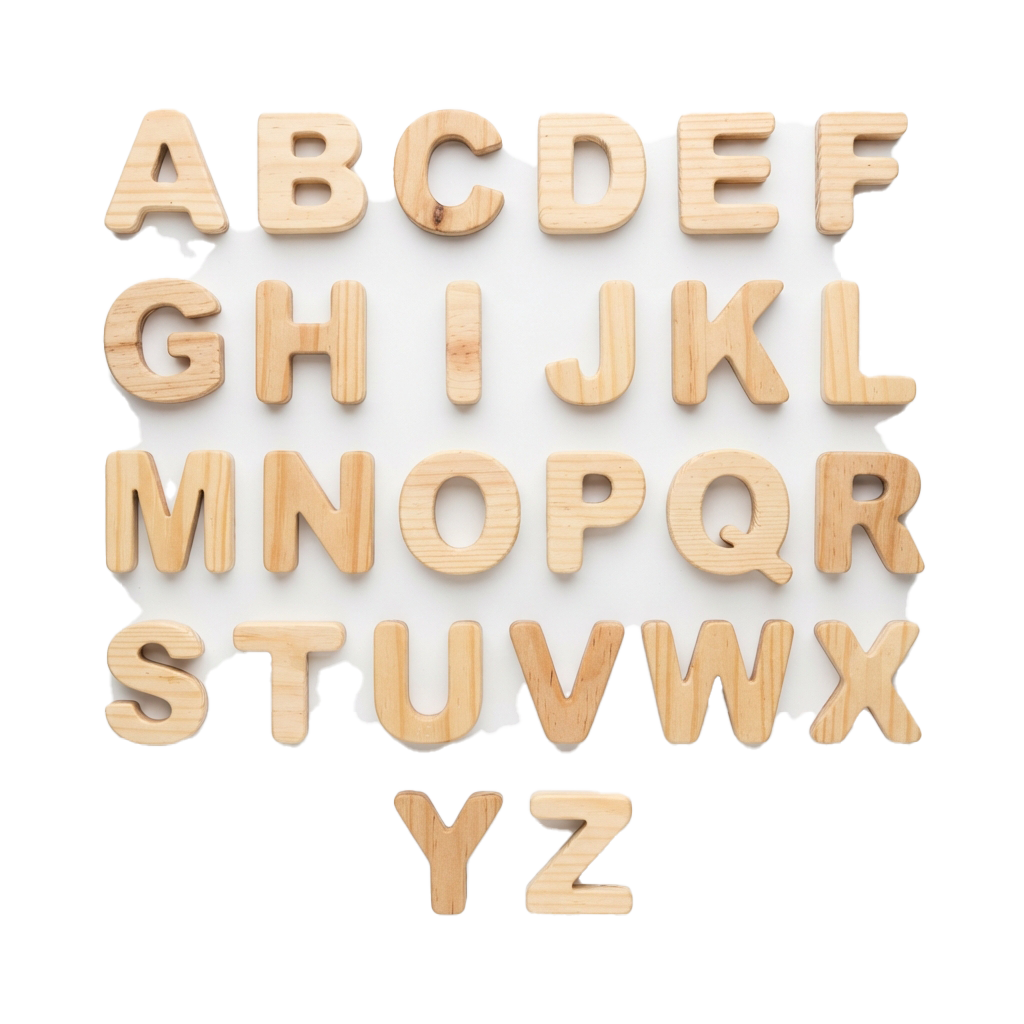 Wooden block letters of the English alphabet from A to Z arranged on a black background