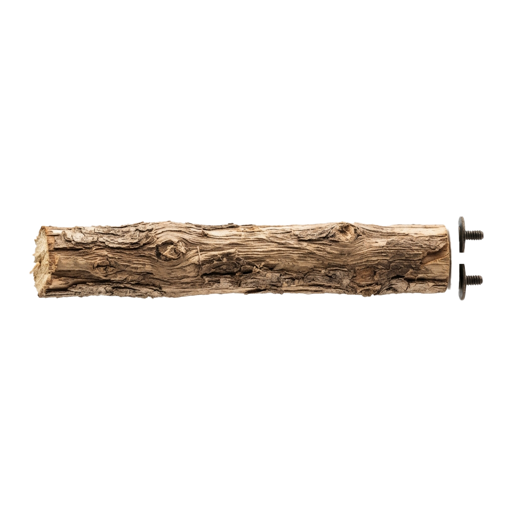 A weathered wooden log with two screws on the right end for mounting or display