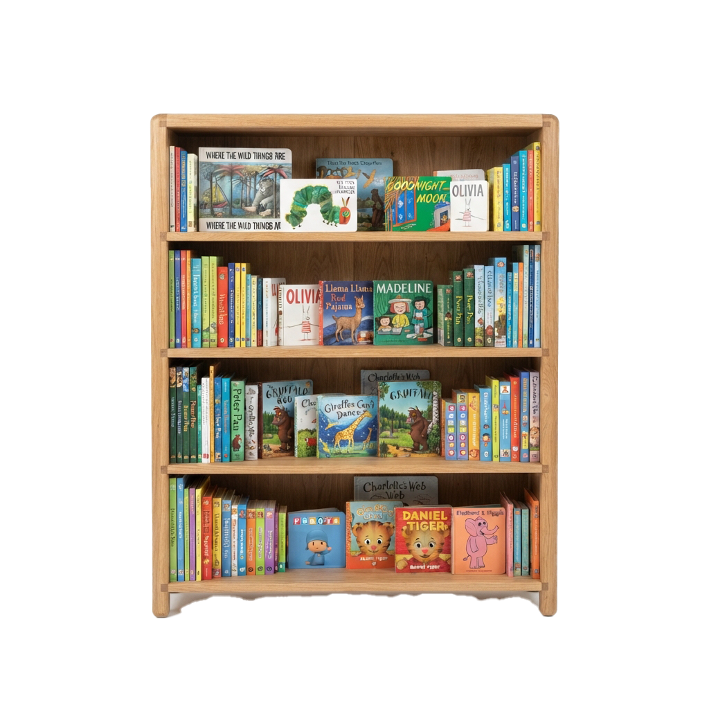 Wooden bookshelf stocked with colorful children's books arranged on four shelves