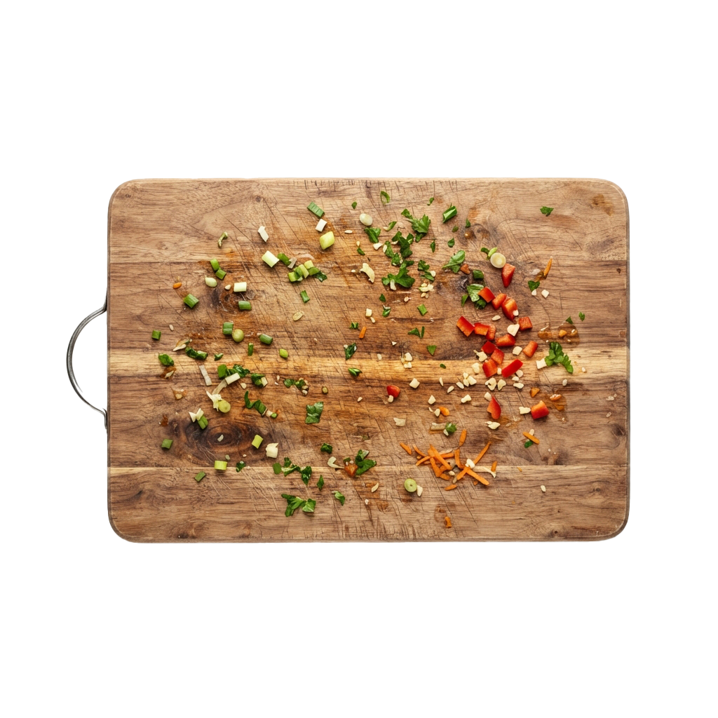 A wooden cutting board with diced green onions, carrots, red bell peppers, and other chopped vegetables.