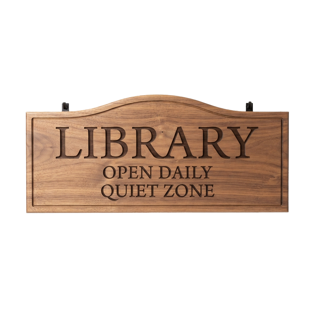 Wooden sign displaying Library Open Daily Quiet Zone in carved letters