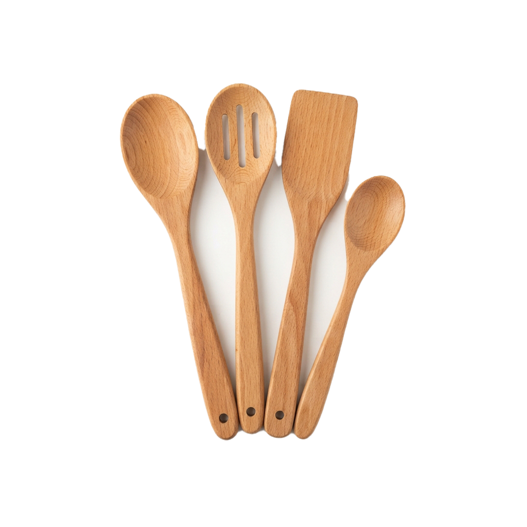 Four wooden spoons including a slotted spoon, serving spoon, spatula, and ladle