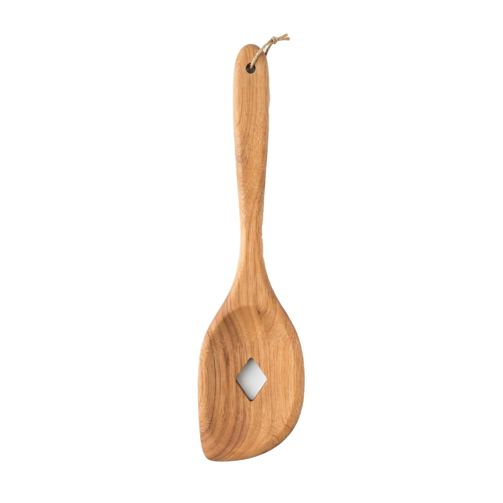 A wooden spoon with a metal diamond-shaped reinforcement at the base and a loop handle for hanging