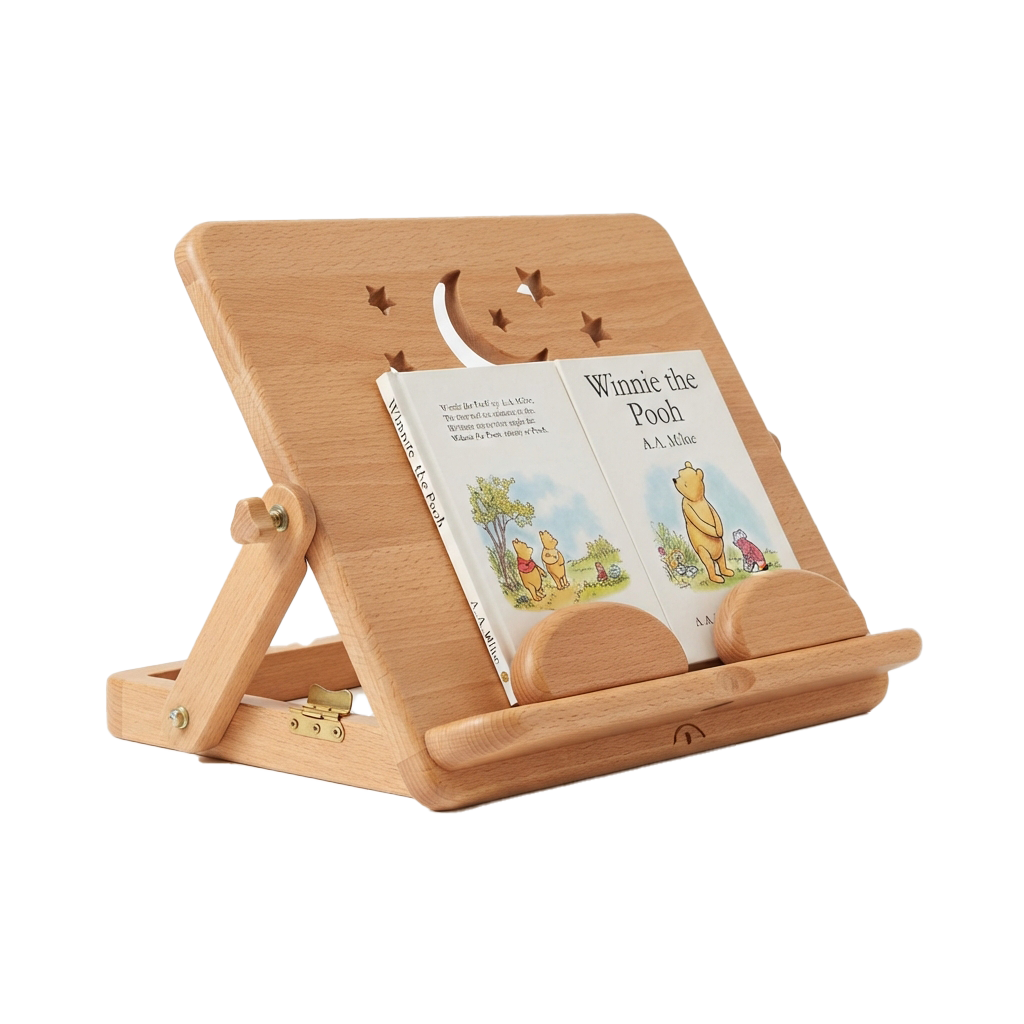 A wooden book stand holding an open book titled Winnie the Pooh with a crescent moon and stars carved into the top