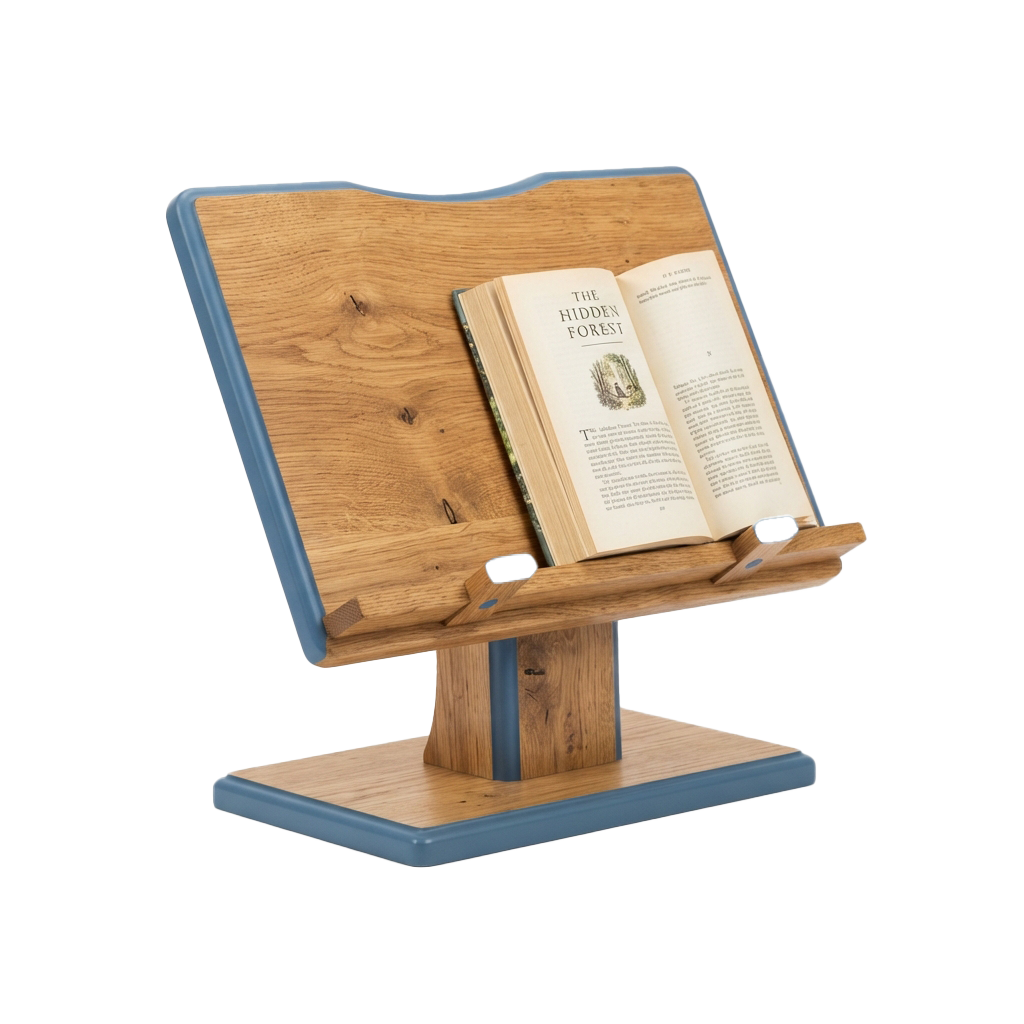 An open book titled The Hidden Forest resting on a wooden book stand with blue accents