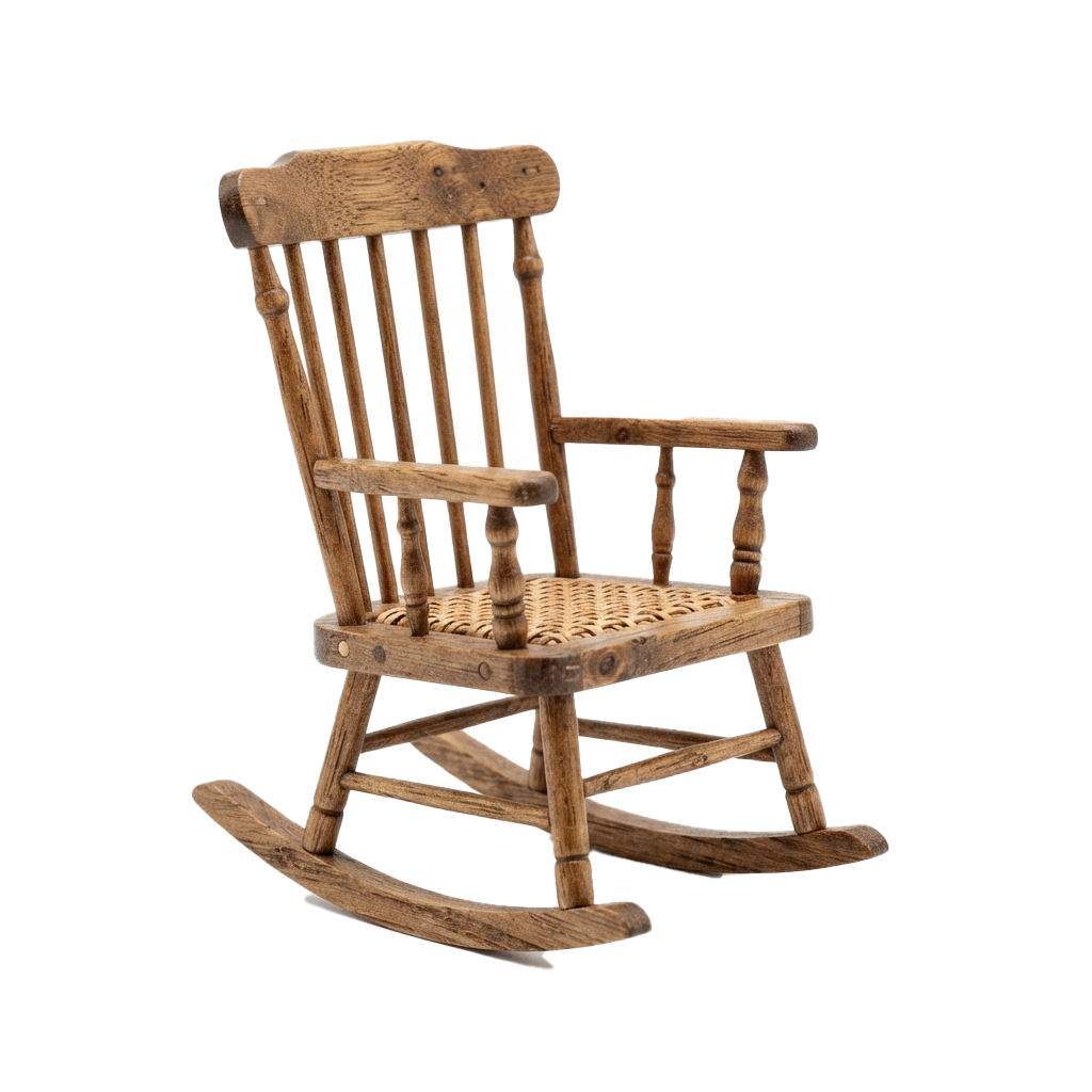 A classic wooden rocking chair with a woven seat and slatted back, shown against a dark background
