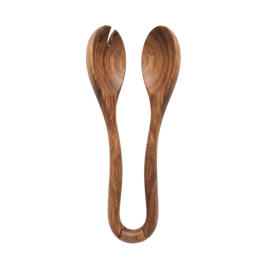 Two wooden serving utensils with natural wood grain, one slotted spoon and one regular spoon.