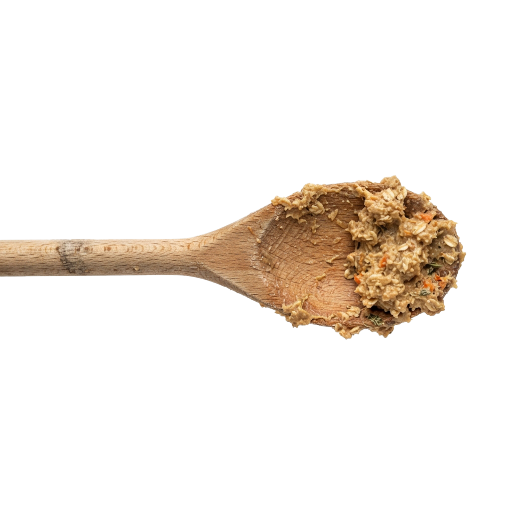 A wooden spoon holding a clump of granola or trail mix against a black background