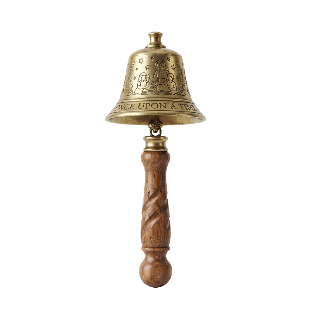 A brass bell with a wooden handle featuring an embossed illustration and the text Once Upon a Time