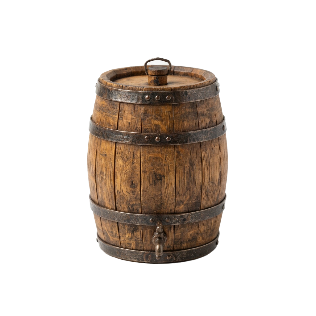 A wooden barrel featuring metal hoops and a metal lid, shown against a dark background