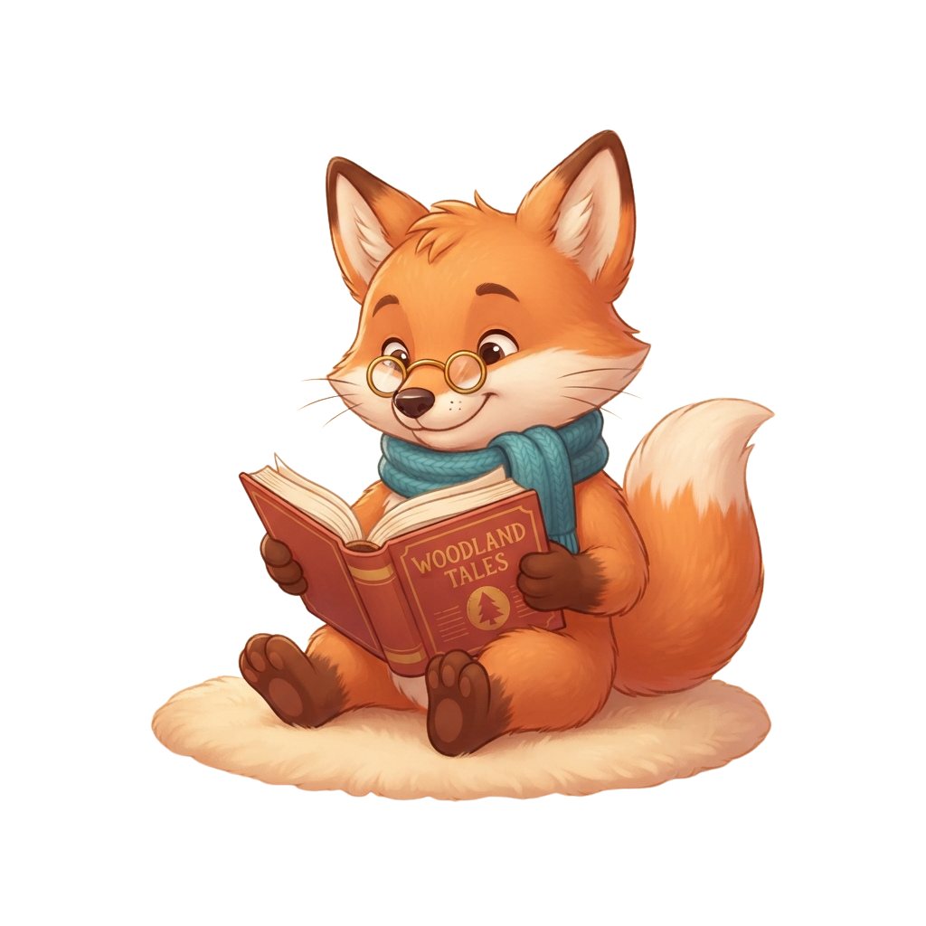 A cheerful cartoon fox wearing glasses and a blue scarf reads an open book titled Woodland Tales while sitting on a cloud.