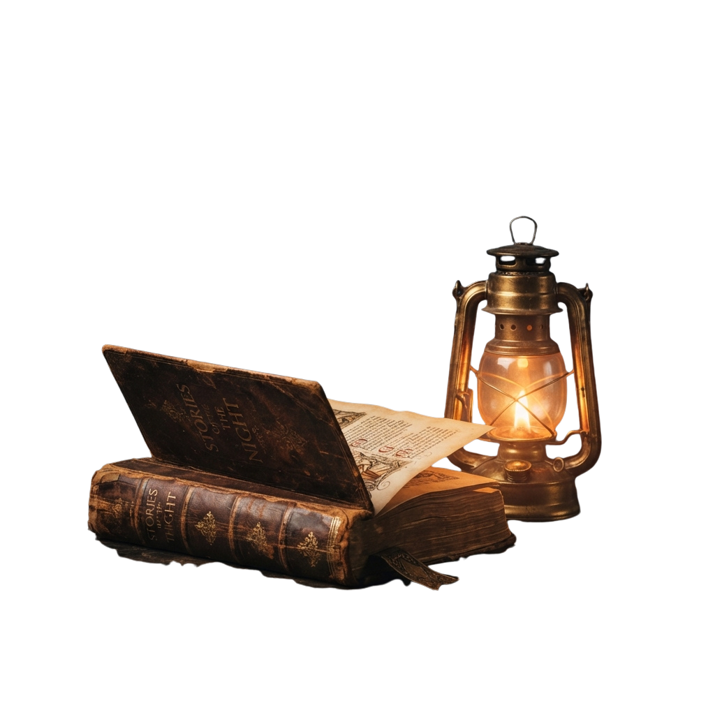 An open old book and a lit oil lamp on a dark background