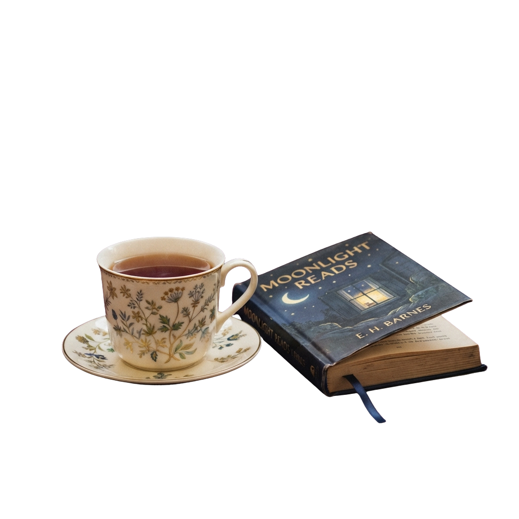 A floral teacup on a saucer next to an open book titled Moonlight Reads by E H Parnes