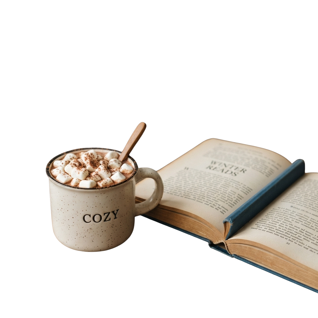 A ceramic mug labeled COZY filled with marshmallow-topped hot drink next to an open book titled Winter Reads