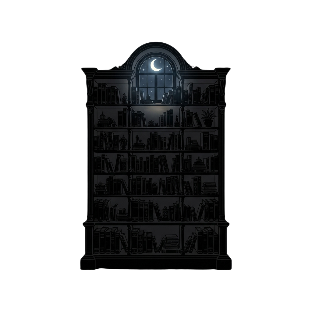 A tall, ornate bookshelf filled with books, illuminated by moonlight through a window at the top.