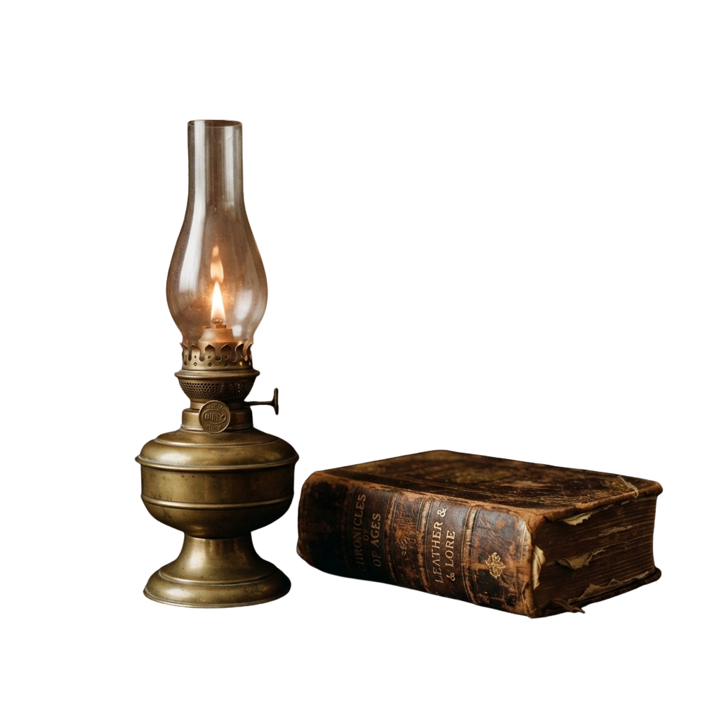 A brass oil lamp with a lit flame next to an aged leather-bound book on a dark background