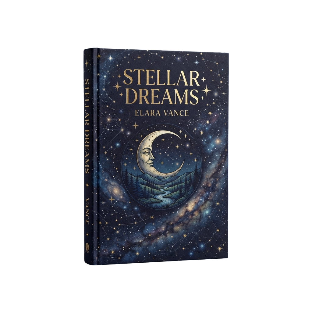 Book cover titled Stellar Dreams featuring a crescent moon, stars, and dreamy cosmic background art