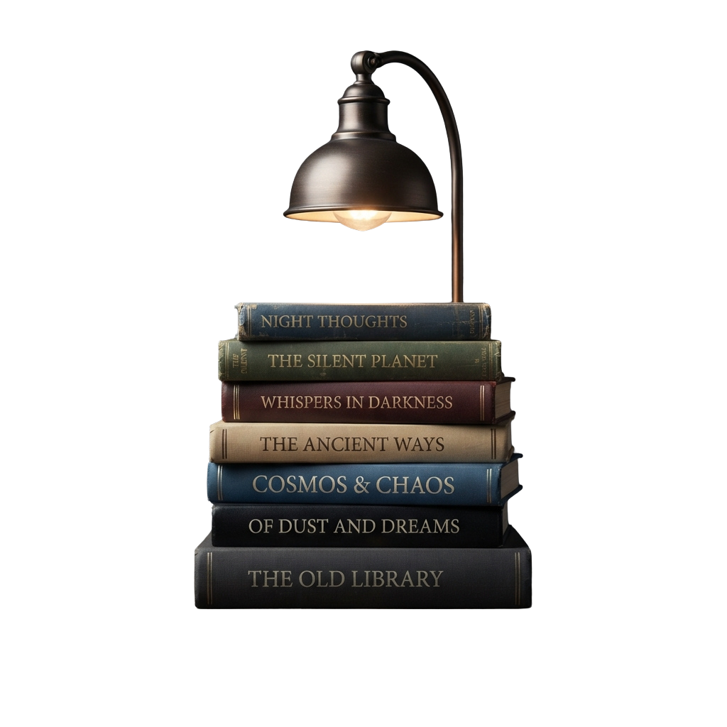 A stack of six vintage-style books with titles illuminated by a small desk lamp.