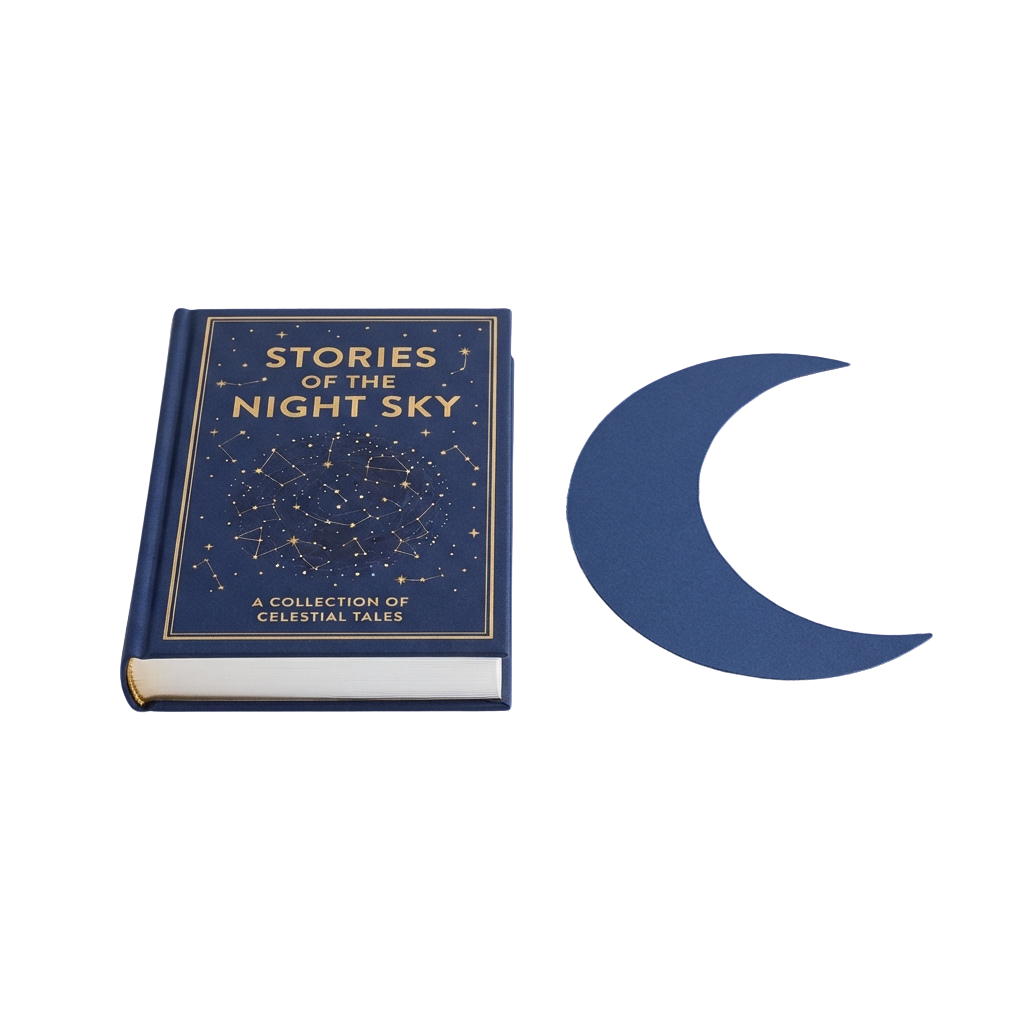Dark blue book titled Stories of the Night Sky with a crescent moon cutout next to it