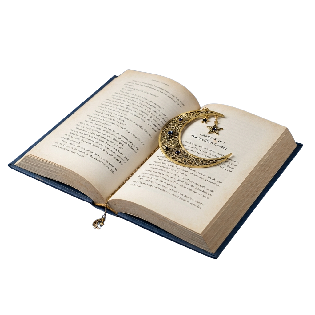 Open book with a decorative crescent moon bookmark featuring intricate designs and a star.