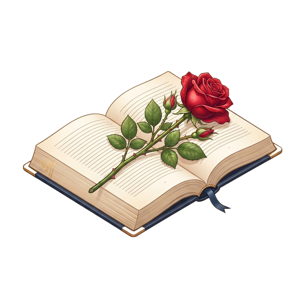 An open book with a red rose and green leaves growing from its pages