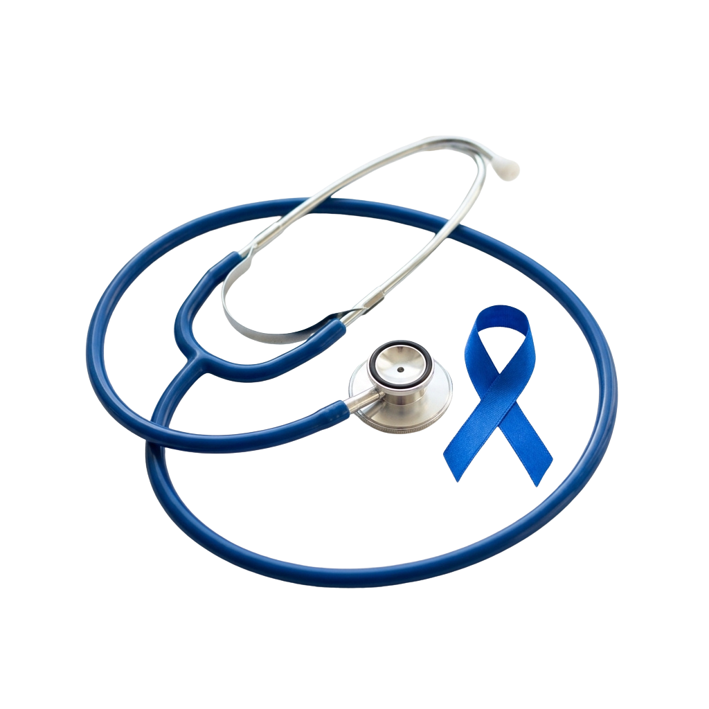 A stethoscope with a blue awareness ribbon placed beside it on a black background