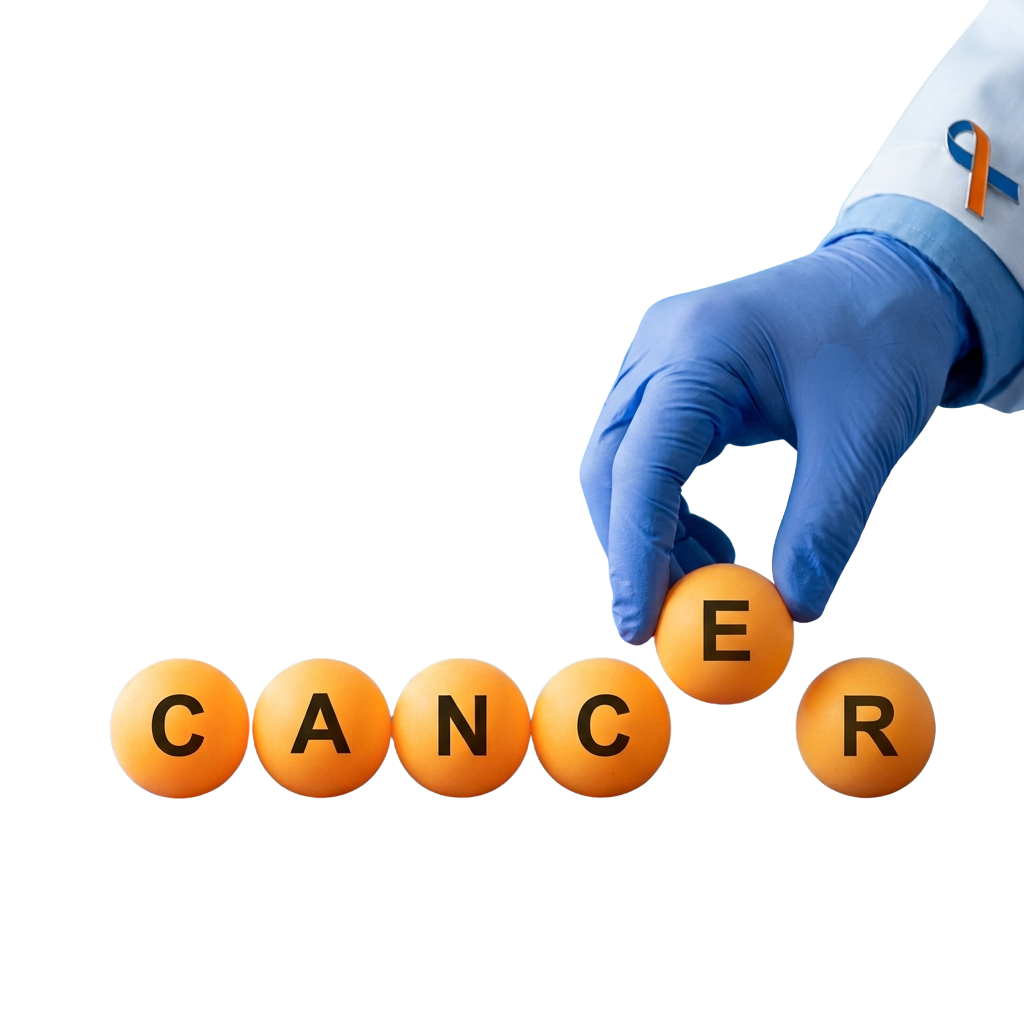 Gloved hand placing an orange E tile into the word CANCER made of Scrabble-like tiles, with a blue ribbon on a lab coat.