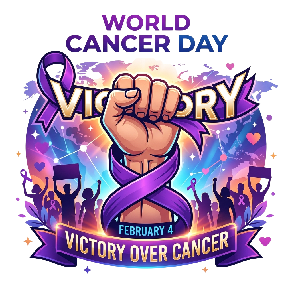 Illustration showing a raised fist with a purple ribbon, celebrating World Cancer Day Victory Over Cancer on February 4