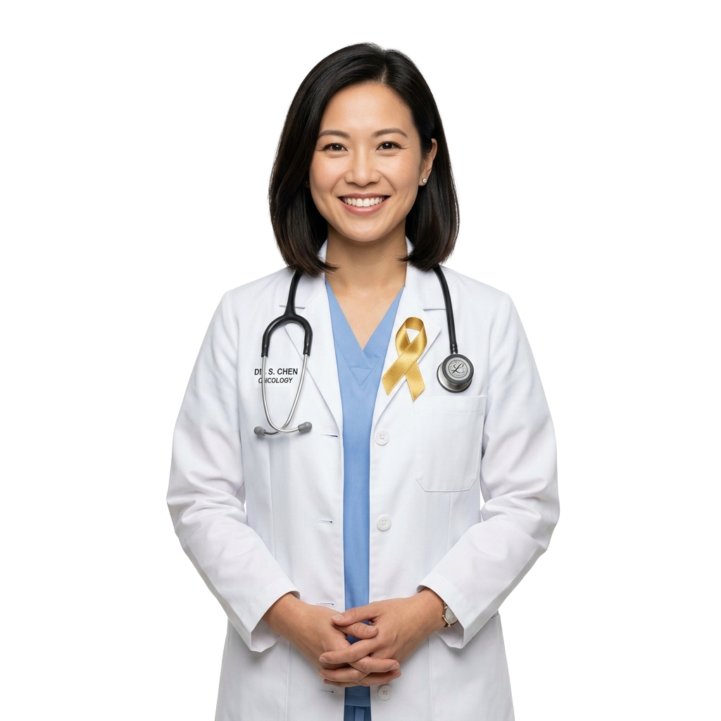 A smiling female doctor in a white coat with a stethoscope and an awareness ribbon pinned to her coat.