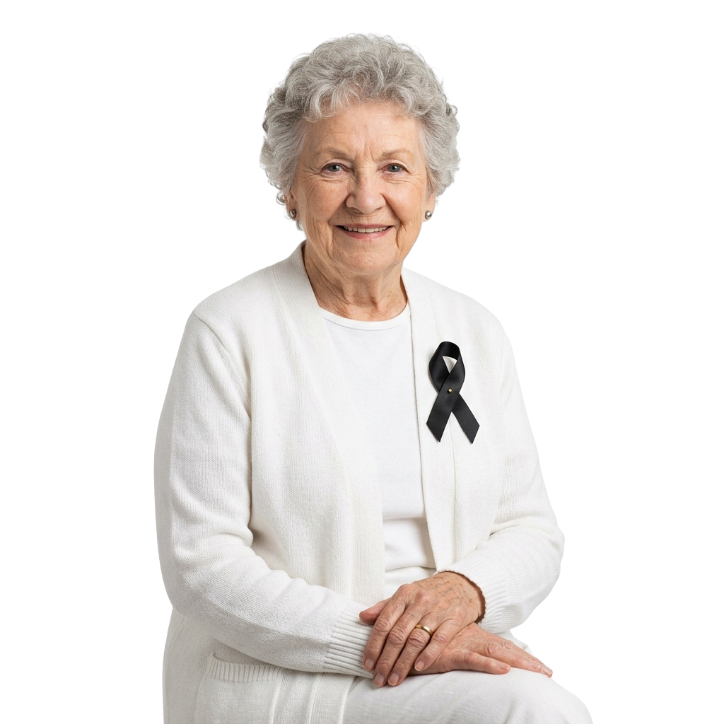 Smiling senior woman wearing a white cardigan with a black ribbon pinned on the left side