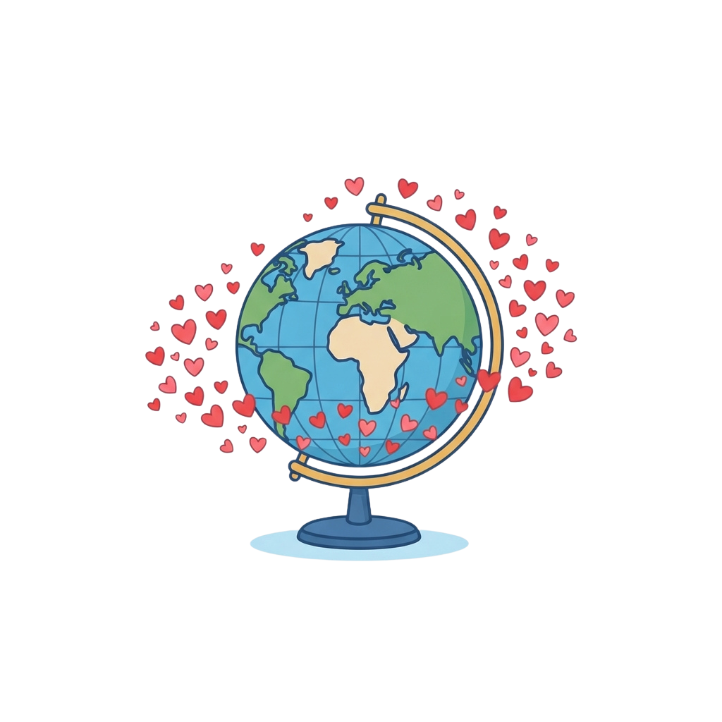 A globe with red heart shapes floating around it on a black background