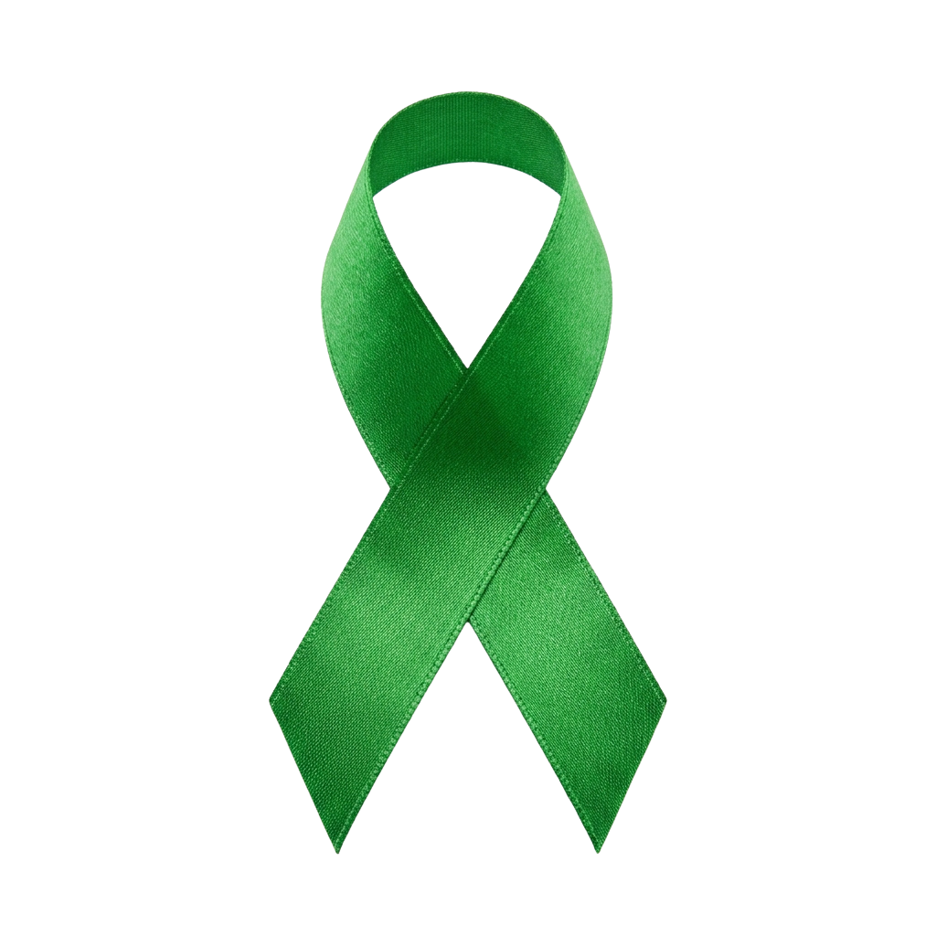 A bright green awareness ribbon against a black background