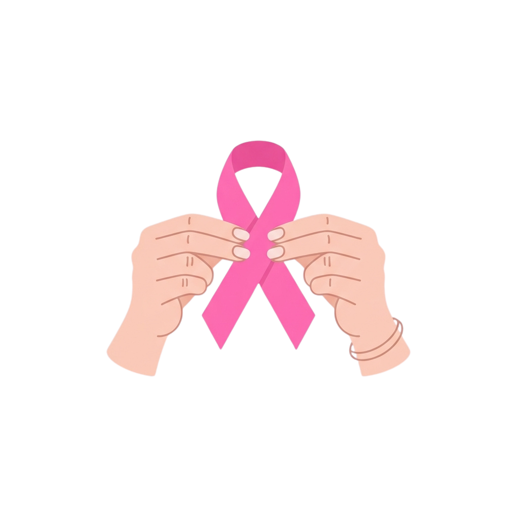 Two hands holding a pink ribbon symbolizing breast cancer awareness