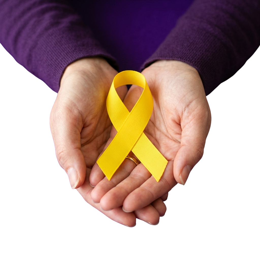 Two hands gently holding a bright yellow awareness ribbon.