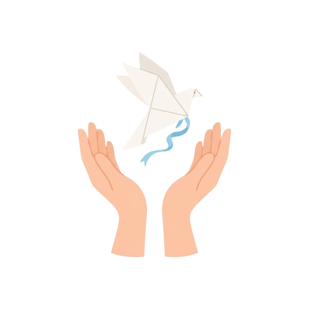Two hands releasing a white paper dove with a blue ribbon tail against a black background