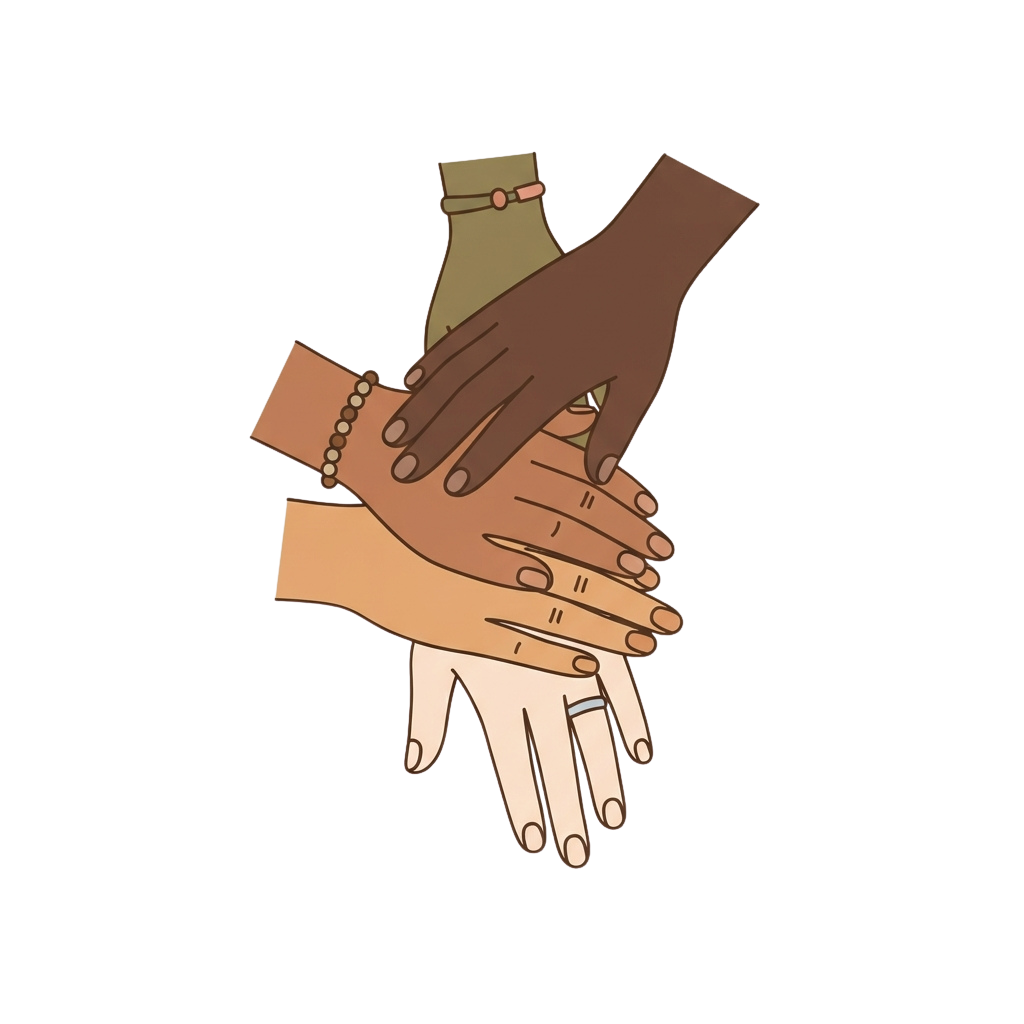 Four hands of different skin tones forming a circle of unity and support