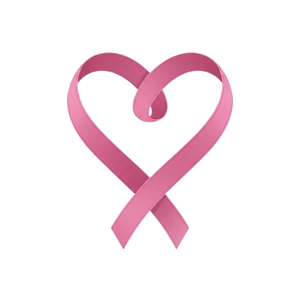 A pink ribbon symbol shaped like a heart against a black background