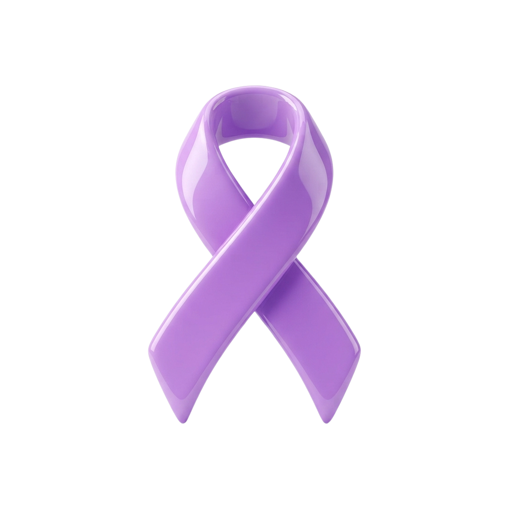 A glossy purple ribbon symbol on a black background
