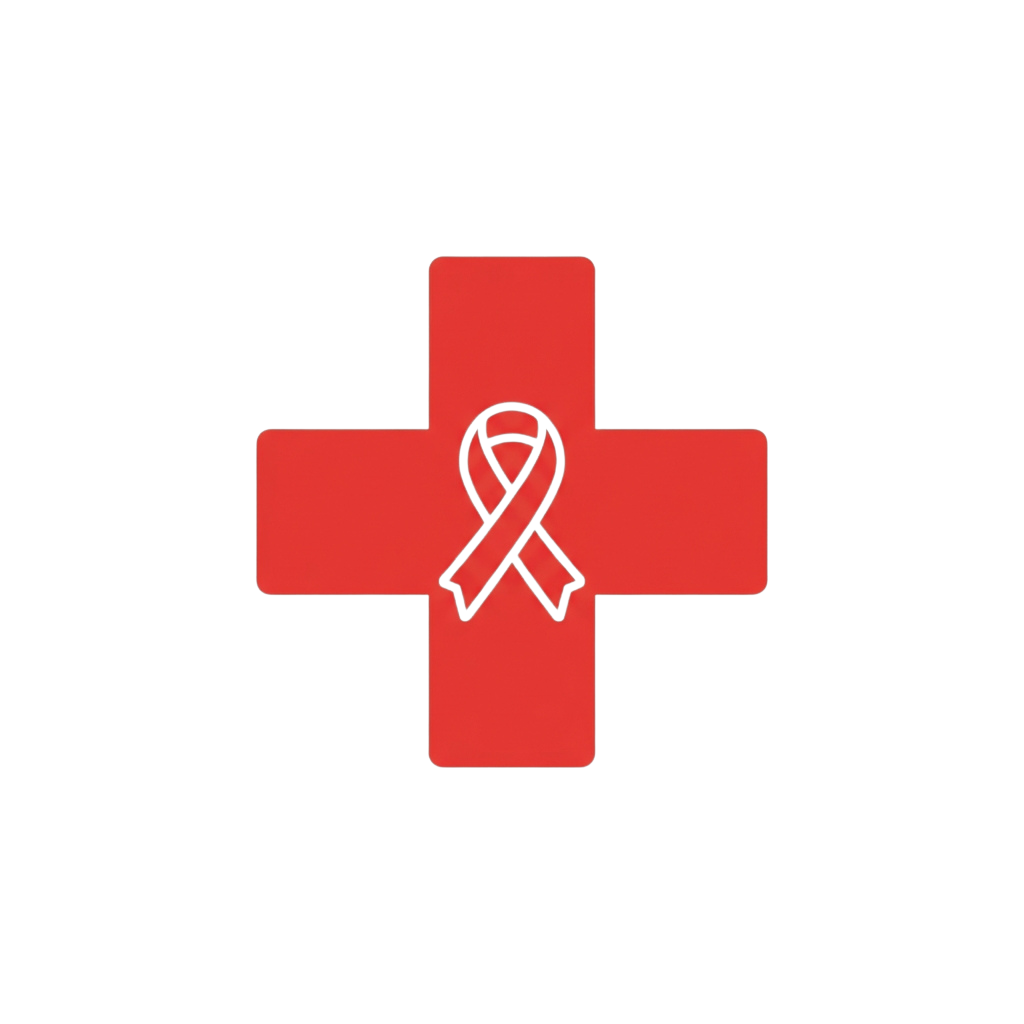 Red cross symbol featuring a black ribbon in the center