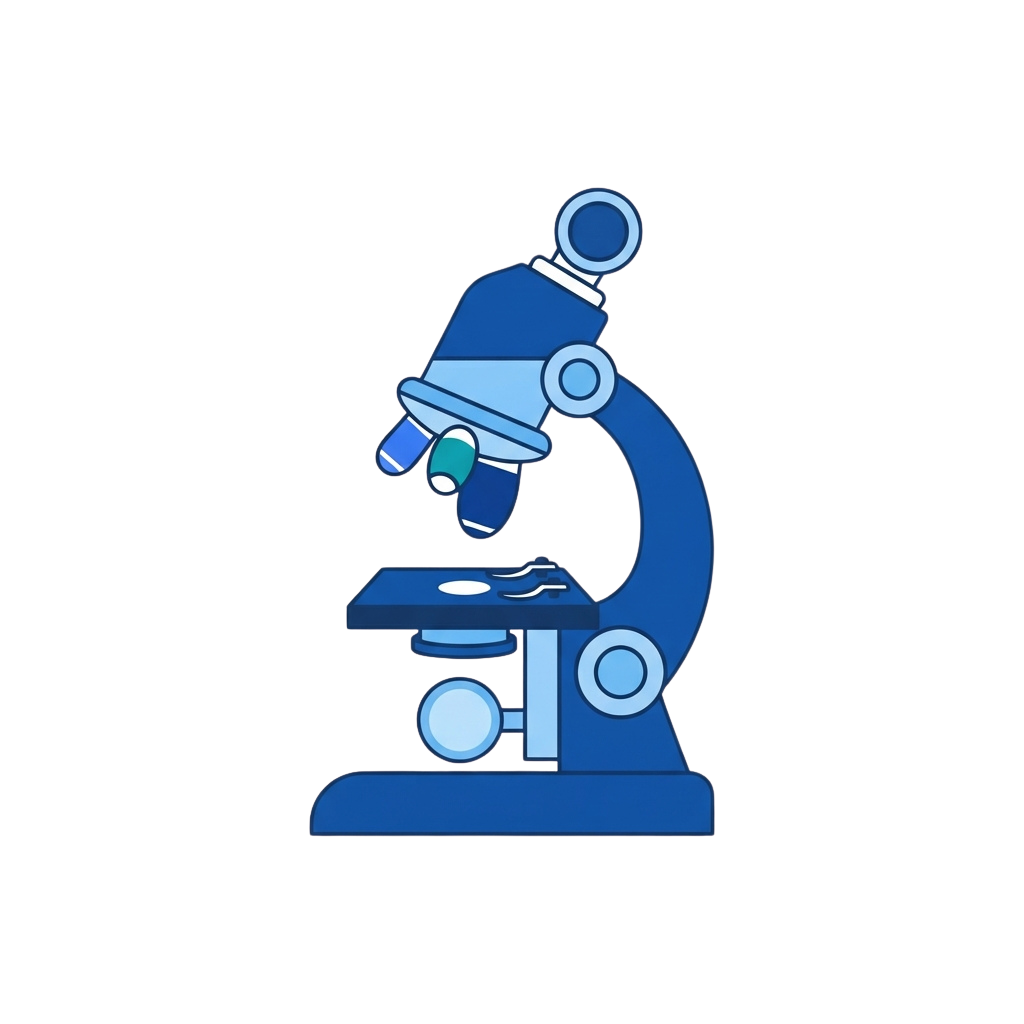 A stylized blue microscope icon with a slide under the lens and knobs for focus adjustment