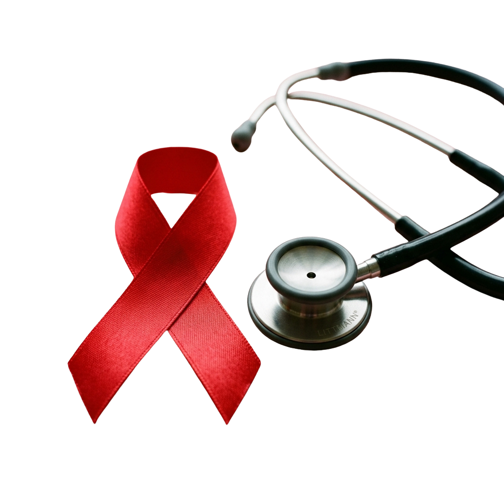 A red awareness ribbon next to a stethoscope on a black background