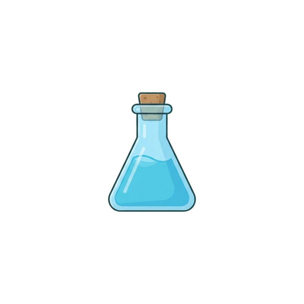 A clear glass flask with a cork stopper filled with blue liquid against a black background